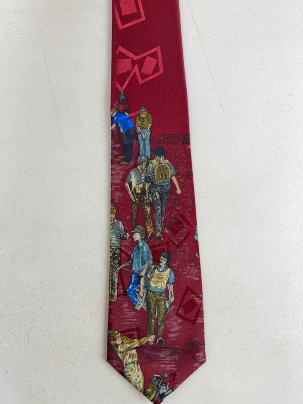 Vintage Golfer & Caddy Print Tie 70s Burgundy Embossed Novelty Golf Necktie